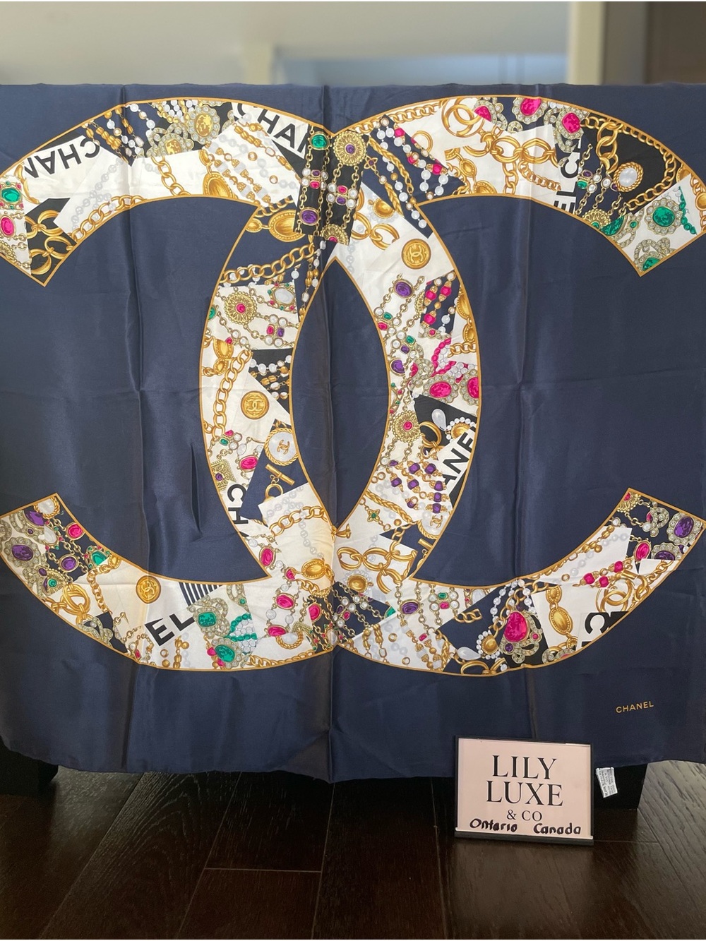 Navy and Multicolor Chanel Double C Scarf 90cm